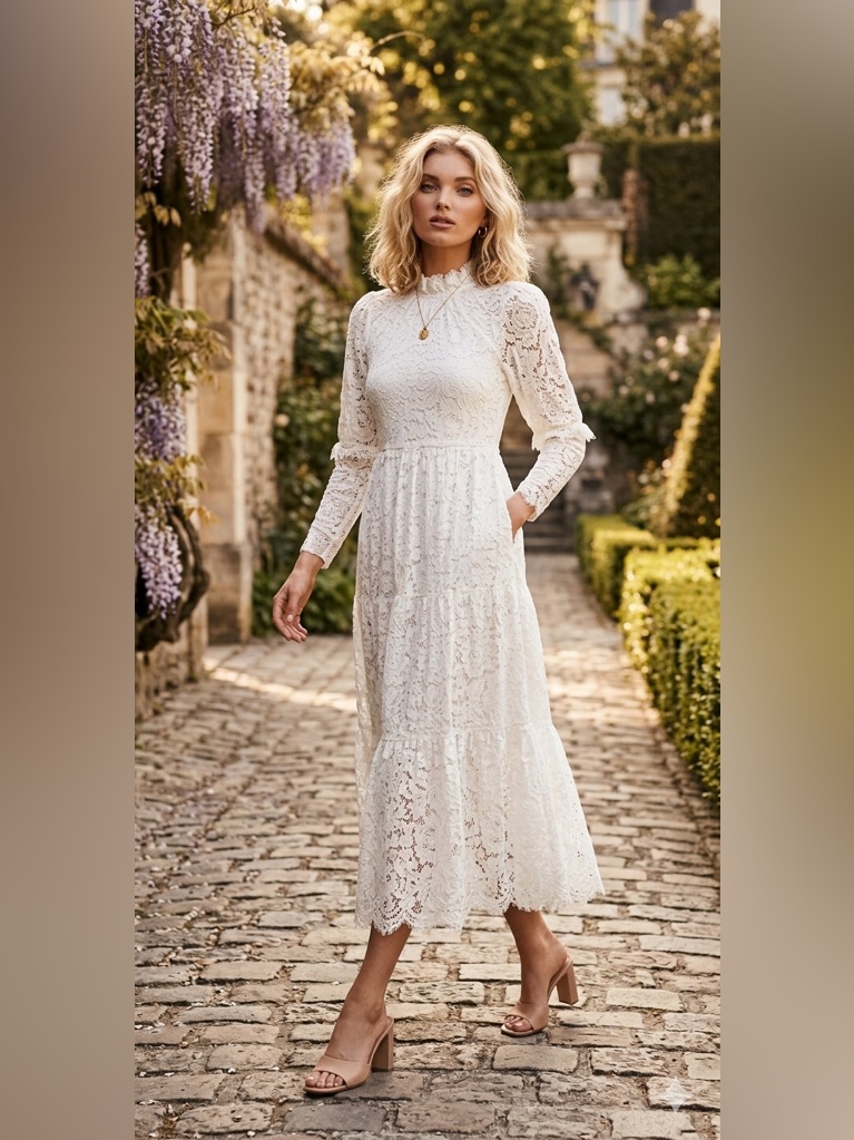 Generation Love White Midi Maxi Dress Lace Long Sleeve Wedding Xs-S Mock Neck
